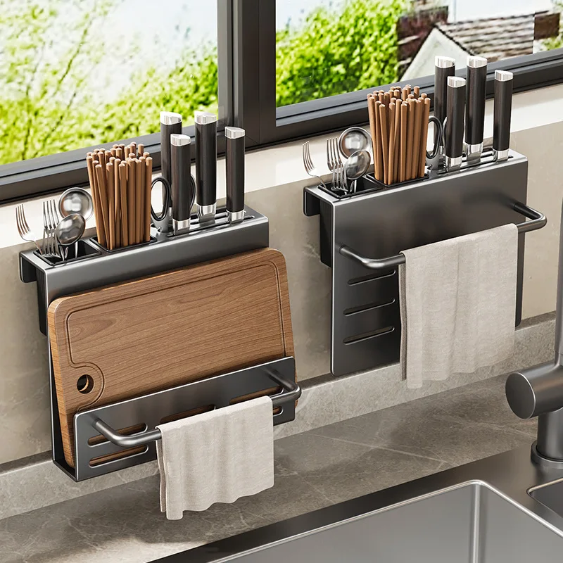 Kitchen knife holder multifunctional wall mounted tool storage rack, integrated shelf for kitchen knives and cutting boards