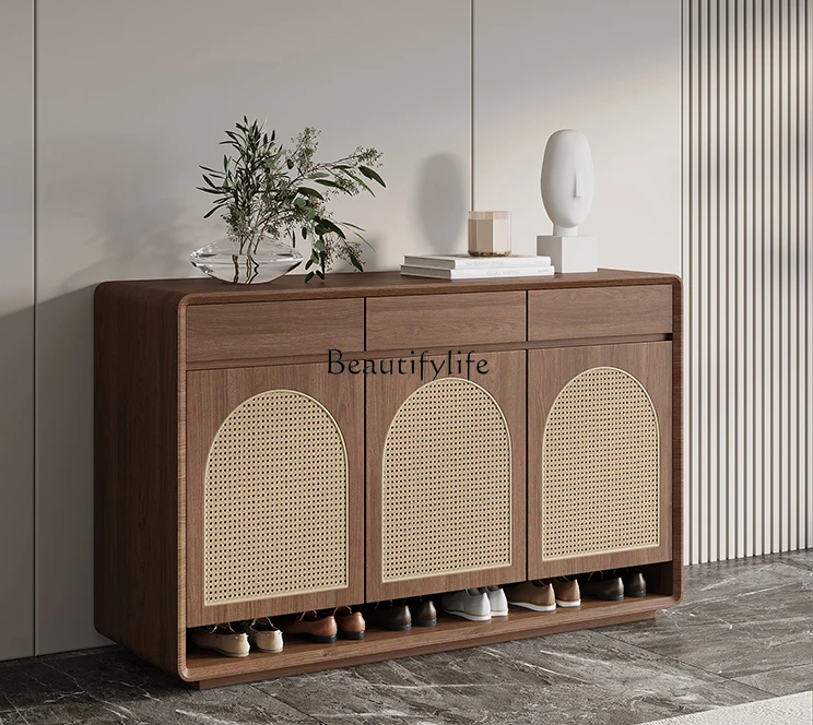 

Rattan Solid Wood Shoe Cabinet Door Two Doors Three Doors Walnut Color Storage Antique Style Entrance Cabinet