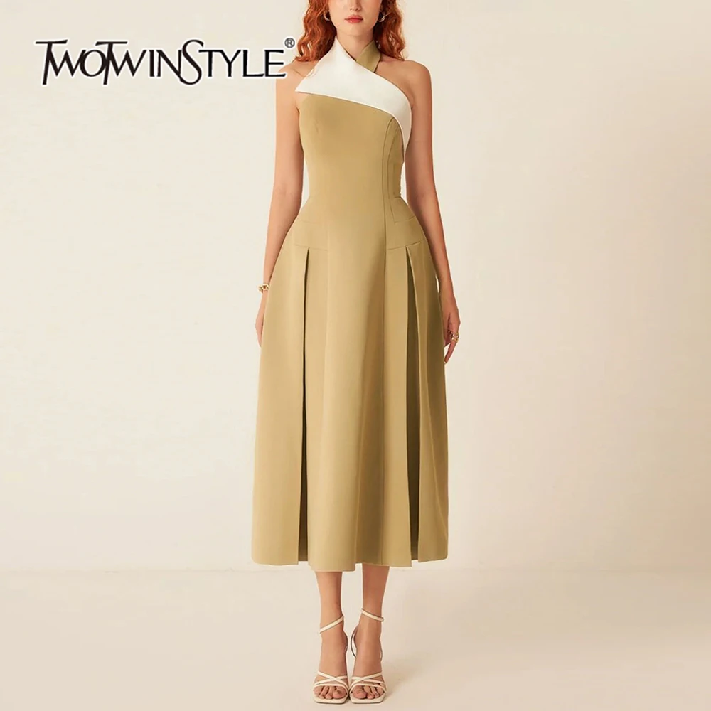 

TWOTWINSTYLE Colorblock Elegant Spliced Folds Dress For Women Halter Sleeveless High Waist Formal Dresses Female New KDR507410