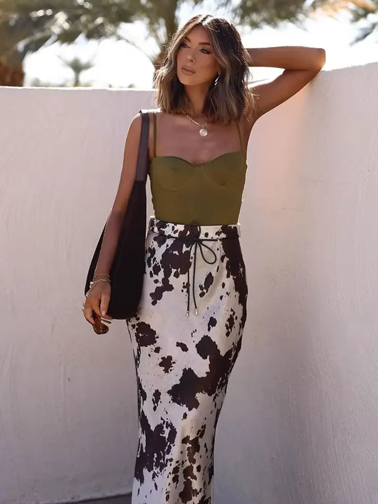 HH Women Fashion Print Long Skirts Belt Design High Waist Midi Skirt Elegant Woman 2025 Summer Casual Holiday Skirts