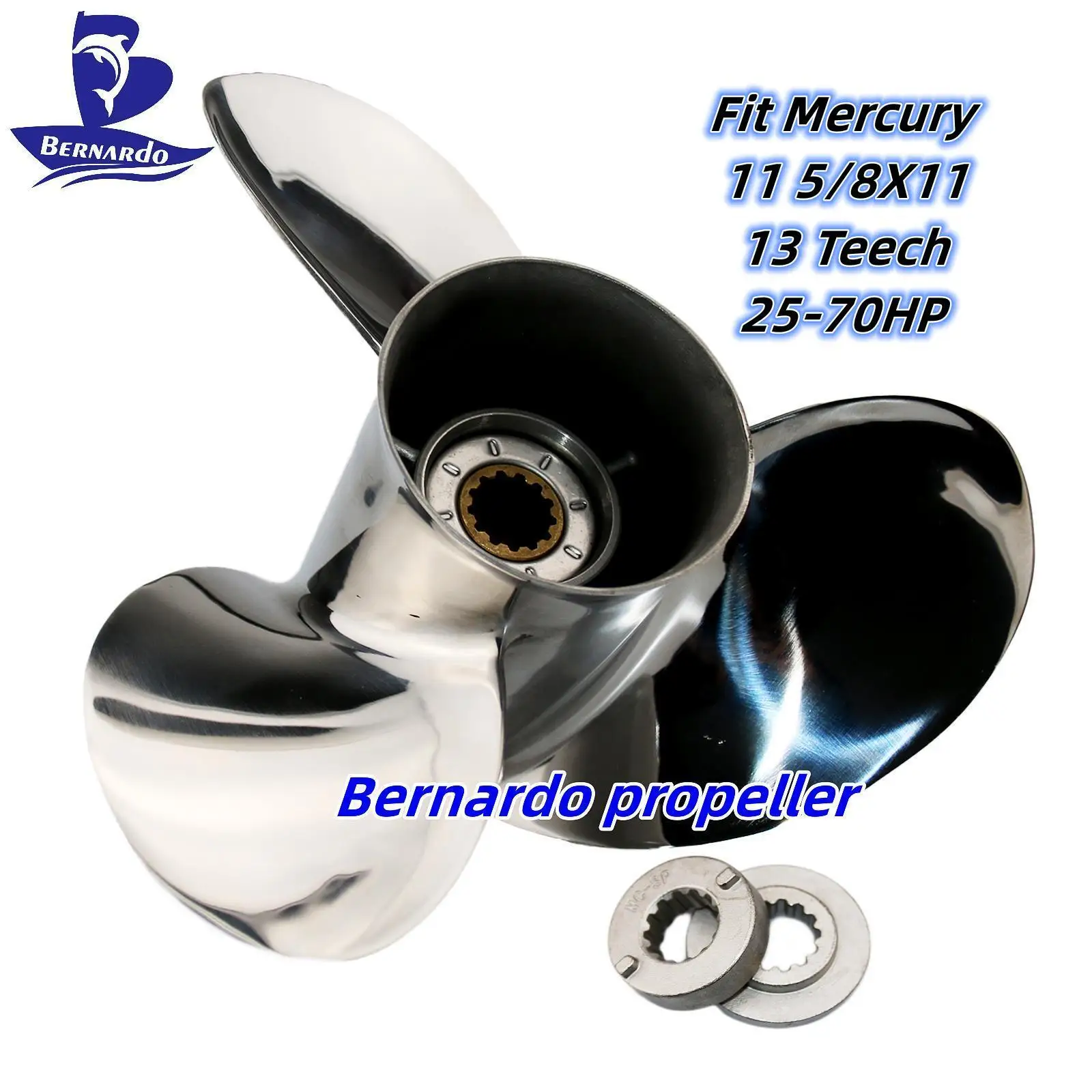 Bernardo Boat Propeller 11 5/8X11 Fit Mercury Outboard Engines 25 30 40 48 55 60 70HP Stainless Steel 3 Blade 13 Tooth Spline RH