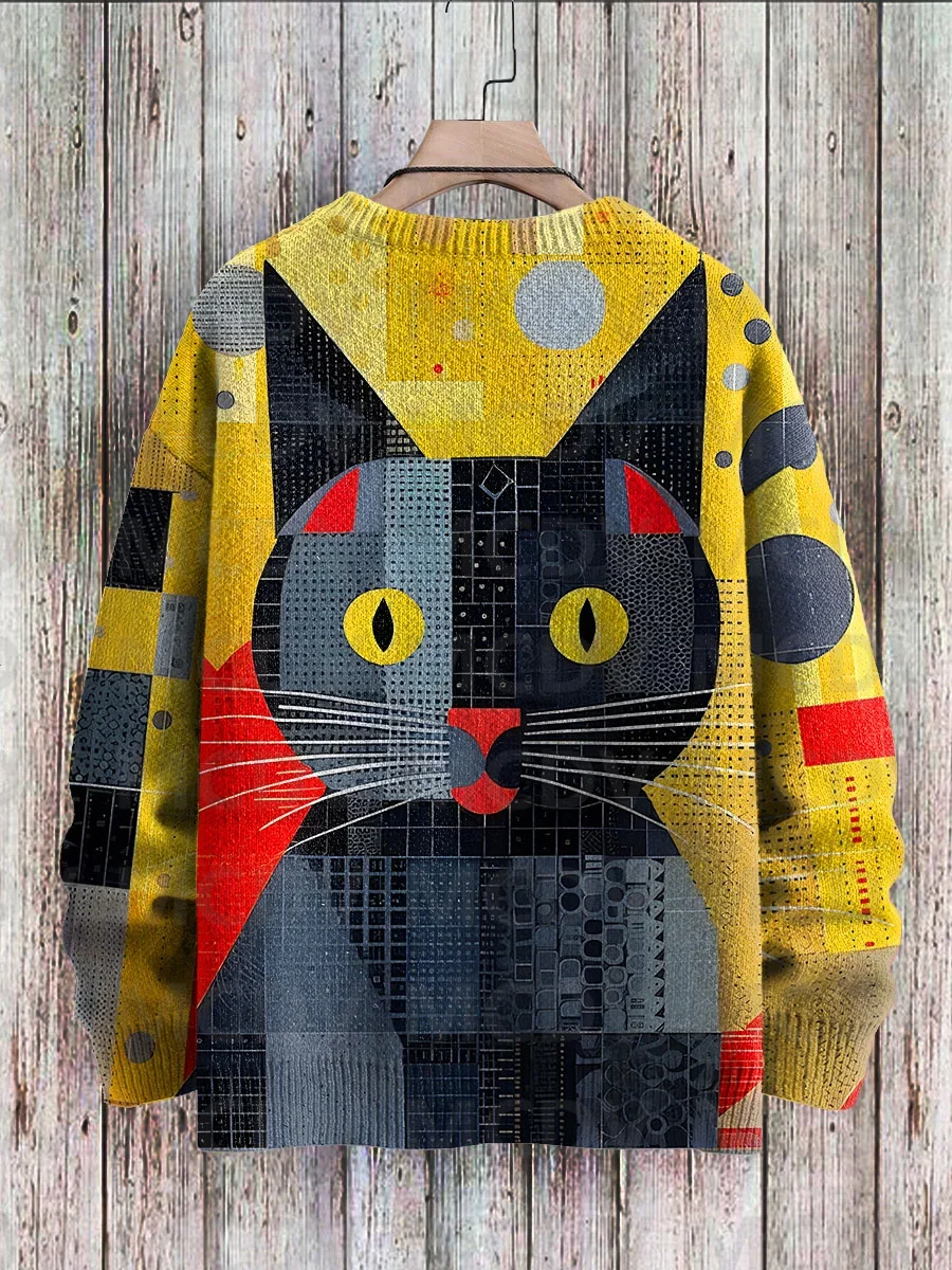 Cute Black Cat Flower Birds Art Pattern Print Casual Knit Pullover Sweater Classic Sweater Men's For Women's Pullover