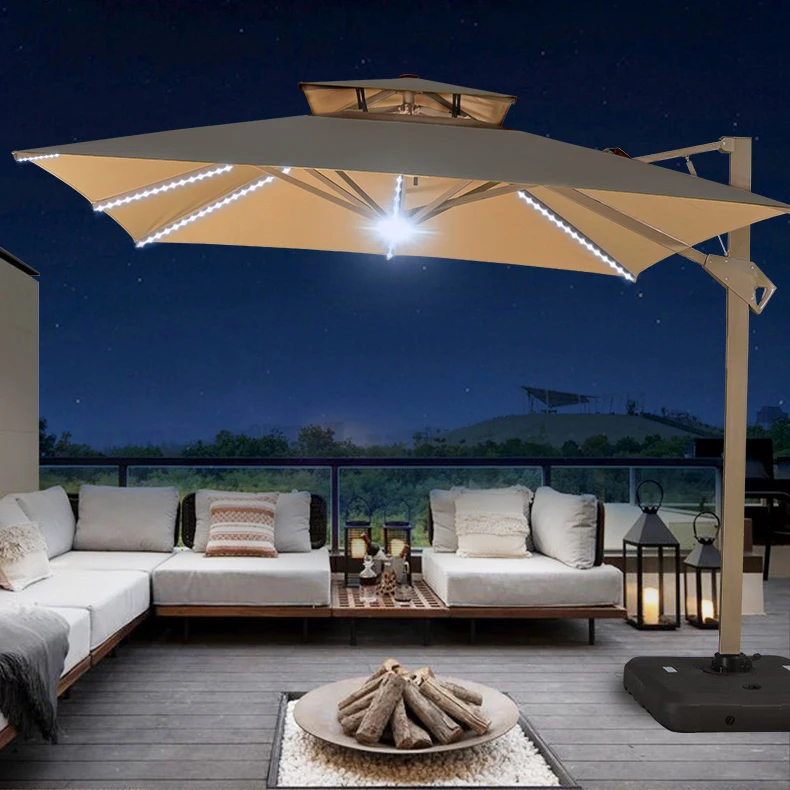

garden outdoor beach over size rectangular double top solar light patio umbrella offset hanging led parasol