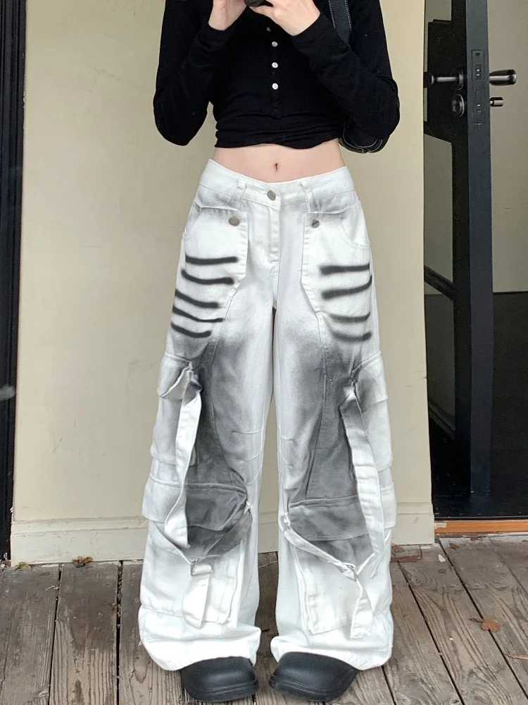 2024 Ropa Grunge Y2K Streetwear Schmutzige weiße Baggy-Jeans Cargohose für Damen Kleidung Breites Bein New Rock Old Loose Lady Hose – Detail 7