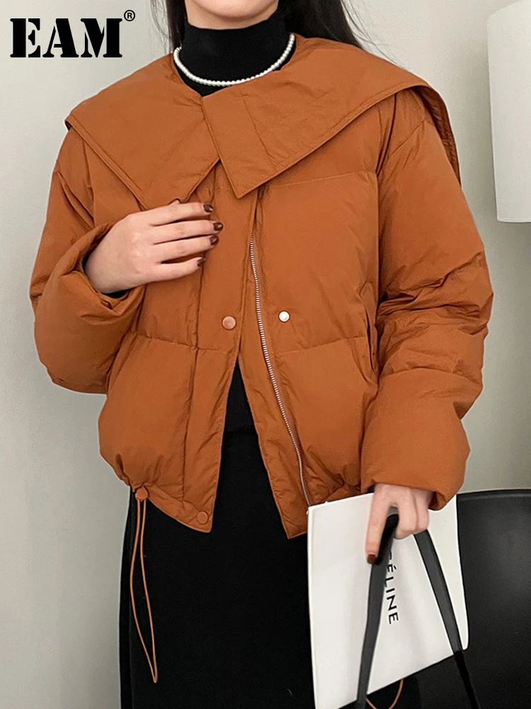 

[EAM] Beige Big Size Drawstring Down Jacket New Navy Collar Long Sleeve Warm Women Parkas Fashion Autumn Winter 2024 1DH3919