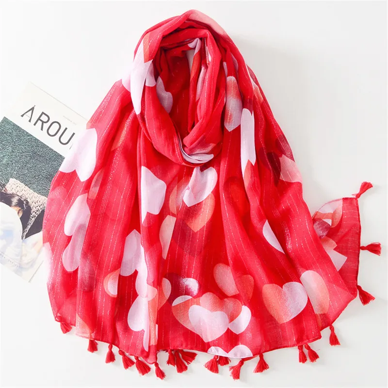 2022 Autumn New Fashion Brand Lovely Heart Tassel Viscose Shawl Scarf Lady Print Voile Wrap Pashmina Sjaal Muslim Hijab 180*90Cm autumn fashion lovely cashew floral tassel viscose shawl scarf lady high quality soft wrap pashmina stole muslim hijab 180 90cm