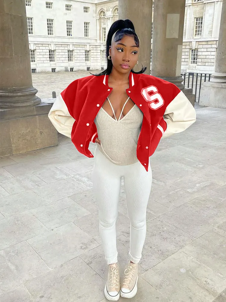 RED LEATHER BOMBER VARSITY JACKET