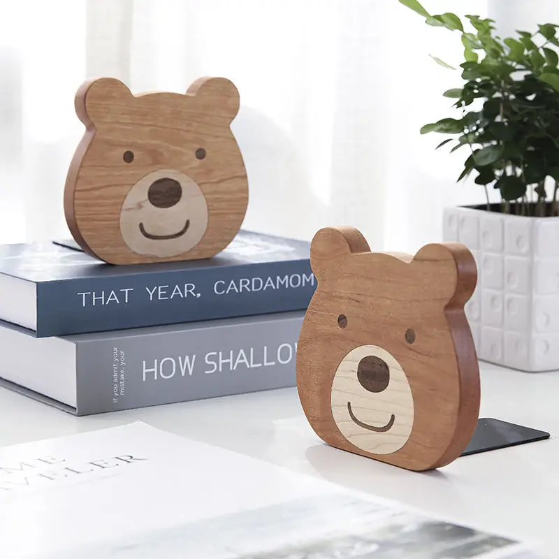 Solid wood cartoon book stand panda bear lion student creative bookend magazine organizer book ends desk organizer