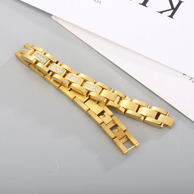 Fongten Watchband Chain Women Men Bracelets Rhinestone Stainless Steel Wrist Charm Bangle Bracelet For Men Gold Color Jewelry