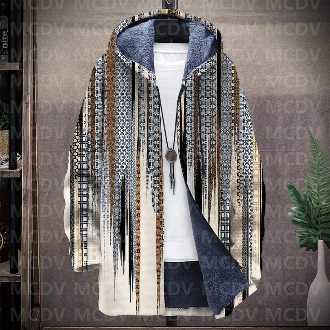 

Men's Retro Print Plush Thick Long-Sleeved Coat Cardigan 3D All Over Prined Fleece Hooded Overcoat Unisex Thick Warm Jacket