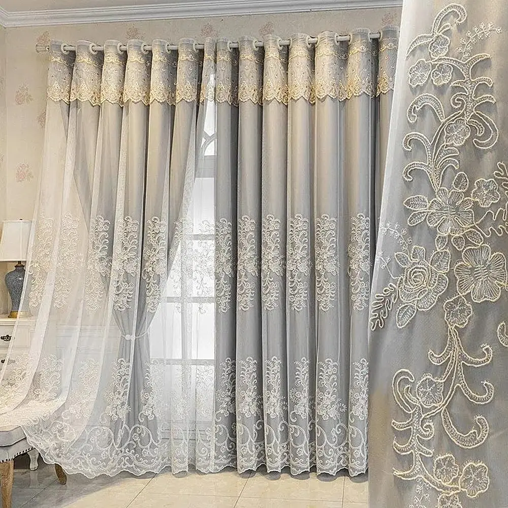 

1 Panel 160cm Width European Double Layer Curtain with Valance for Living Room Luxury 3D Embroidered Curtain for Bedroom