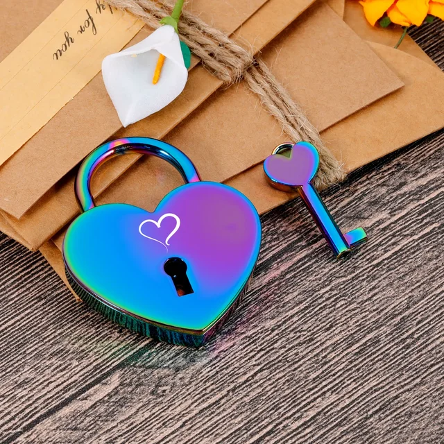 Personalized Couples Rainbow Heart Padlock Engraved Name Date Love Lock with Key for Her Him Valentine's Day Anniversary Gifts 3