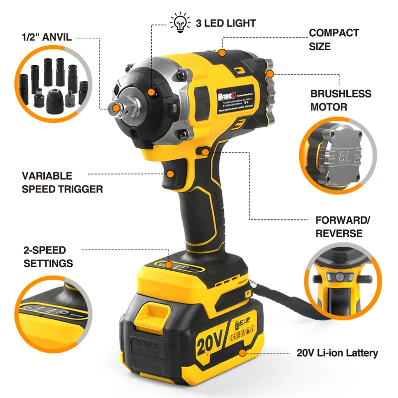 BABEQ 2000N.m Brushless Electric Impact Wrench Rechargeable 1/2 Socket Wrench Cordless Wrench Power Tools for 18V Makita Battery 3