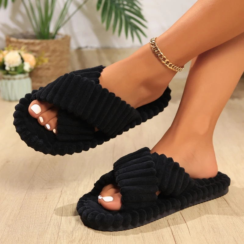 Women Corduroy Cross Strap Home Slippers Men Soft Warm Flat Slides Family Indoor Fashion Concise Plush Sandals For Four Seasons 3