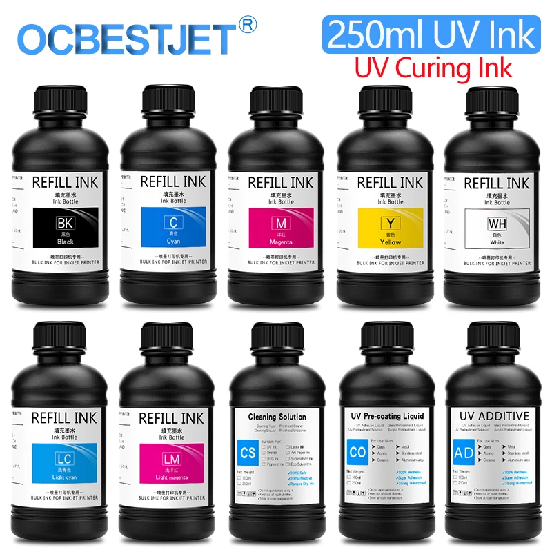 Tinta de Cura uv para Epson Xp600 Tx800 Xp600 Tx800 L800 L805 L1800 R290 R300 1390 1400 1410 1430 Dx5 Dx7 Dx10 250ml