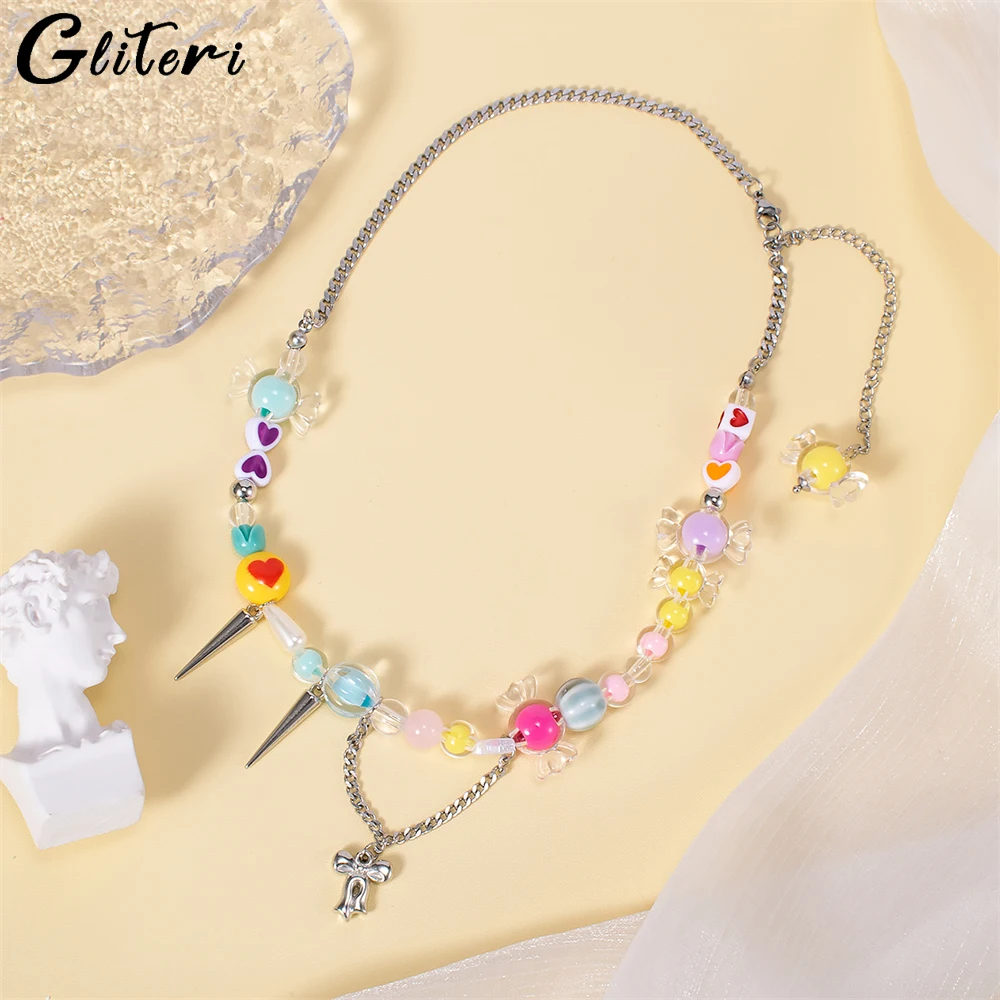 

GEITERI Y2K бусины карамельного цвета ожерелья для женщин девушек красочная подвеска с бантом из смолы цепь Чокер Модные ювелирные изделия Искусственные подарки 2023