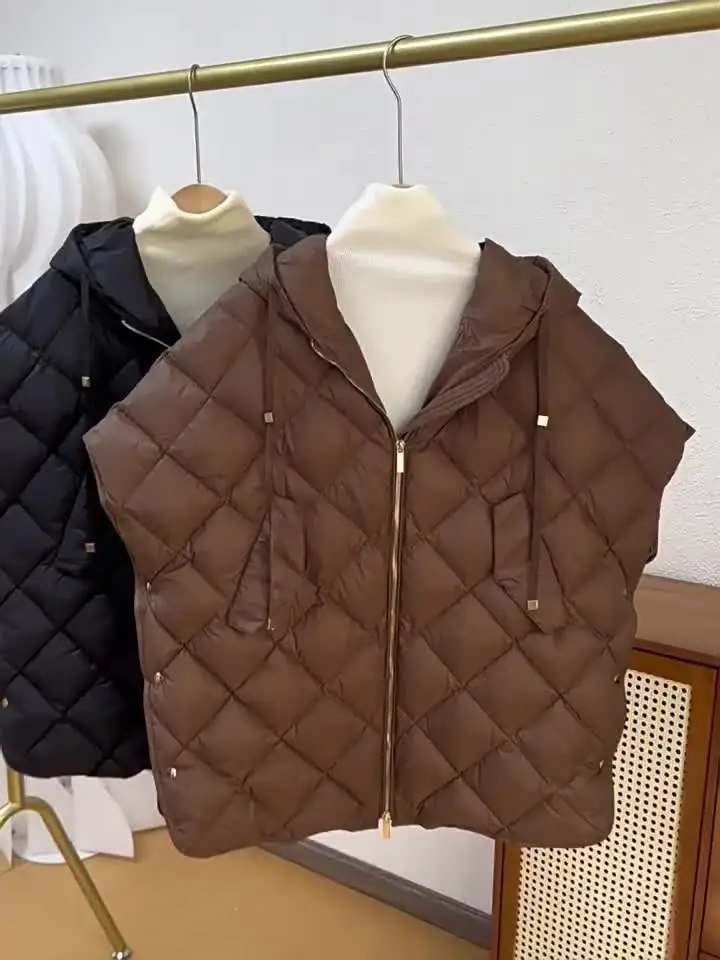 激安❗7割引き❗半額以下❗新品未使用❗ホワイト ダウンベスト フード付き 女性用ホワイトダックダウンコート、フード付きケープ