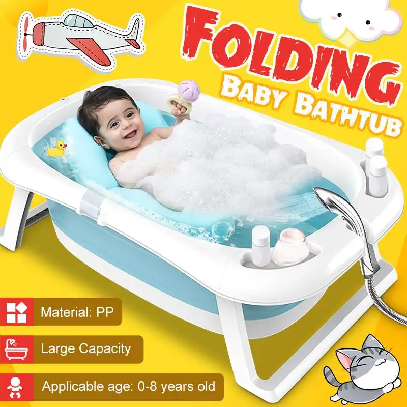 

Foldable Baby Shower Bathtub Portable Shower Basin with Smart Thermometer For Kids 0-8 Years Old Safety Pet Dog Bath Tubs Blue