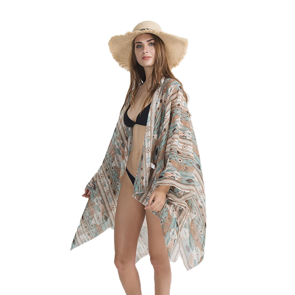 Women Sun Protection Shawl Lady Summer Chiffon Cardigan Holiday Bikini Blouse Breathable Beach Cape MD-LONG Geometric Tippet