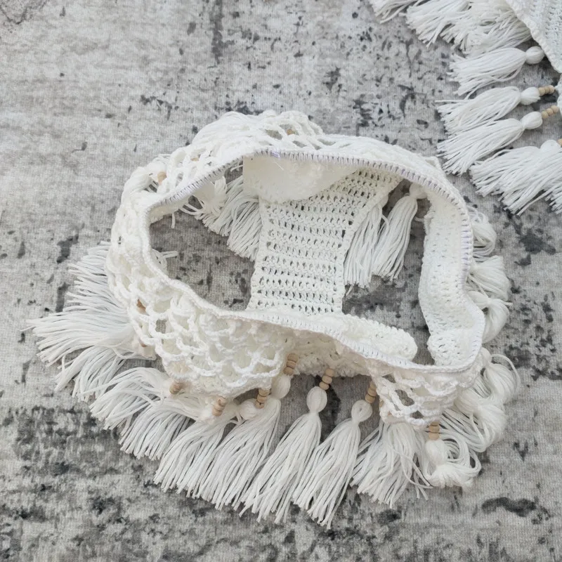 Sexy Knitted 2PCS Handmade Crochet Beach Summer Clothings Tassel Set Bikini Women Swimsuit Vaction in White/Beige