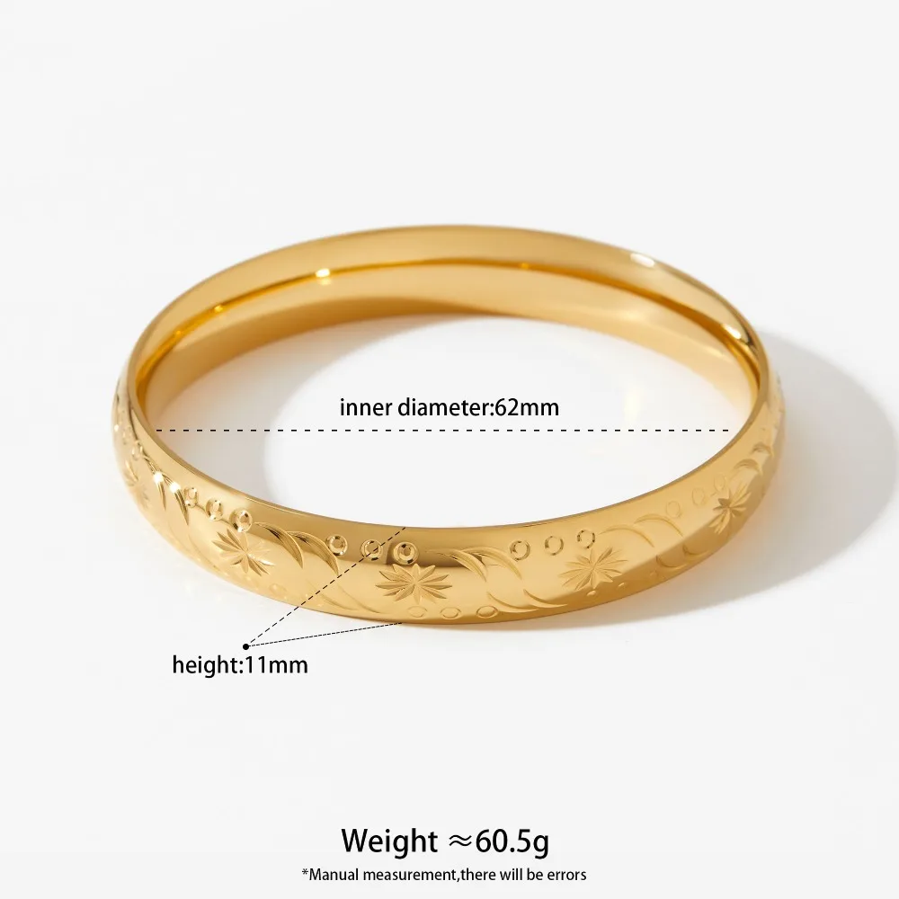 Retro Rock Printing 18K Gold Plated Bangle for Women Girls Waterproof Quality Stainless Steel Flower Bracelet Party Gift Jewelry