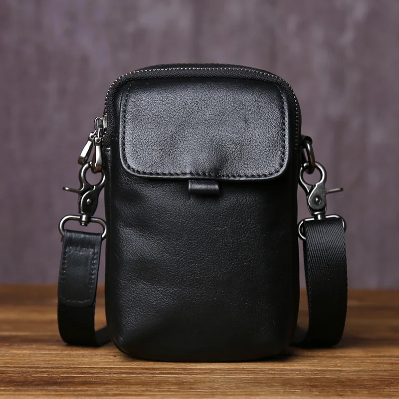 Tägliches Pendeln, einfache Handytasche aus echtem Leder für Herrenmode, Oberschicht aus Rindsleder, vertikaler Reißverschluss, Umhängetasche – Detail 5