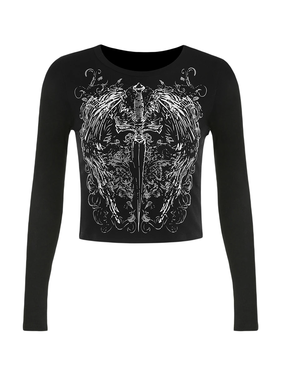 

Viqwqii Women s Long Sleeve Gothic Cropped Tops Round-Neck Show Navel Grunge Shirts