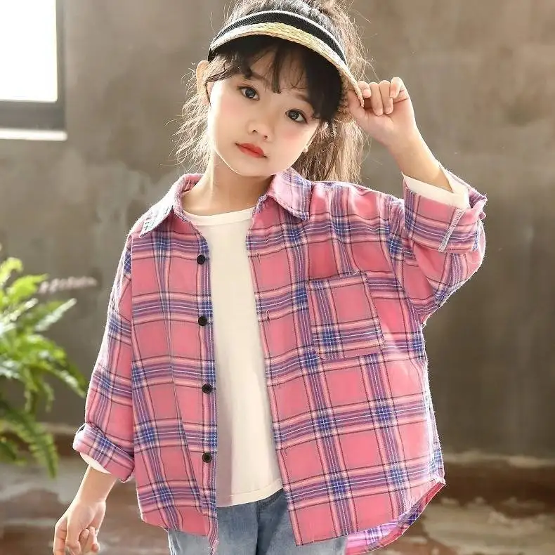

2023 Shirt for Girls Plaid Pattern Blouse Children's for Girls Casual Style Shirt Children Spring Autumn Tops Clothes G48