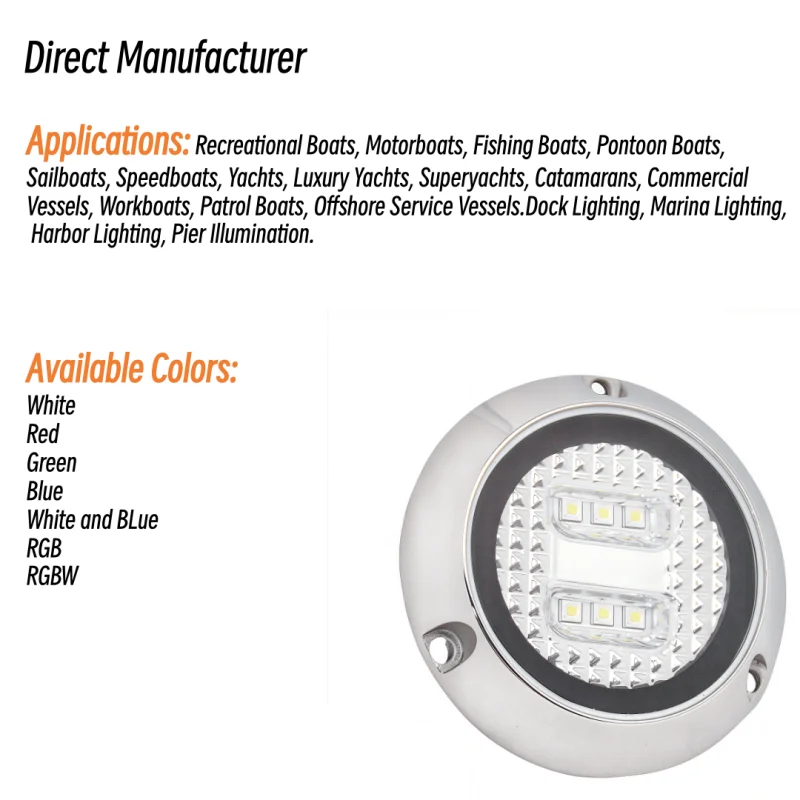 빠른 배송 18W 30W RGB RGBW IP68 야간 녹색 해양 수영장 선박 잠수함 후면 바닥 트랜섬 수중 요트 LED 보트 조명