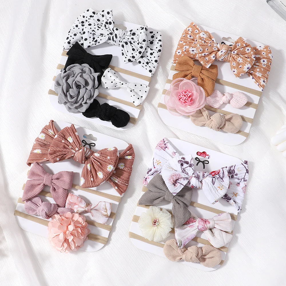 large messy nylon bow for baby girls headwrap skinny nylon headbands newborn bowknot turban one size fit all infant headwraps 5Pcs/Set Baby Bow Flower Headbands for Girls Elastic Turban Kids Hair Bands Nylon Newborn Headwrap Children Hair Accessories