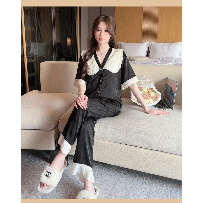 Jacquard Ice Silk Sleepwear Women Silk Pajama Sets Short Sleeve Summer Nightwear Loungewear Set Thin Lace Kawaii Clothes Pajamas