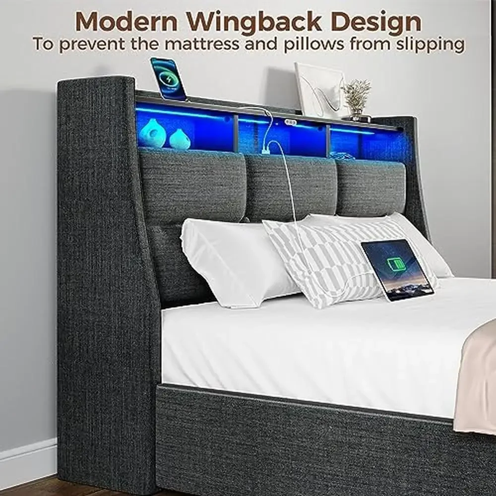 Twin Size Bed Frame LED Lights USB Charging Station Sliding Drawers Grey Linen Storage Shelf