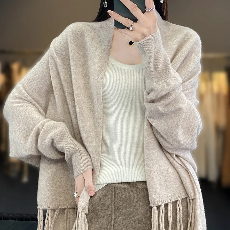 All Seasons 2023 New Bat Sleeve 100% Merino Wool Shawl Women's Loose Warm Knit Solid Multi-functional Tassel Cardigan Shawl