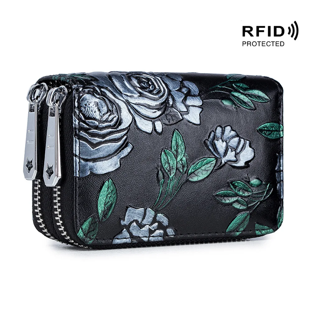 Luxurious Women's Genuine Leather RFID Wallet Handbag with Rose Flower Design