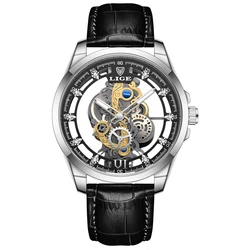 LIGE Gold Skeleton Retro Luxury Men's Wristwatch (Silver black leather)