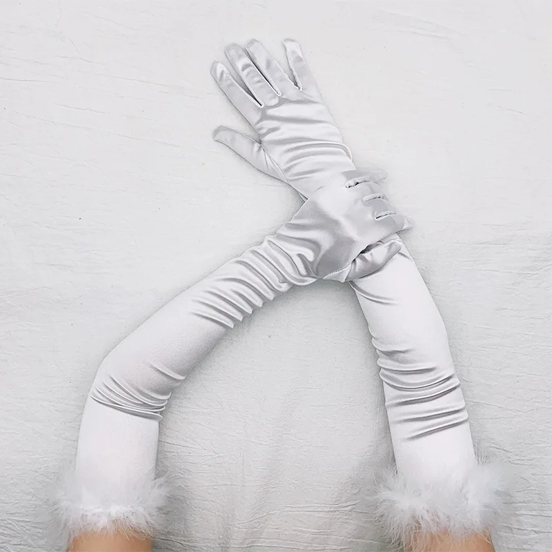 52cm Feather Satin Retro Style Women Long Gloves Party Ball Christmas Cosplay Stage Performance Fashion Personality Elegant