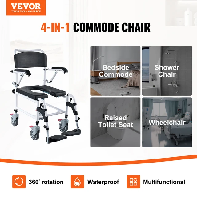VEVOR Shower Commode Wheelchair with 4 Lockable Wheels Footrests Flip-up Arms 3-Level Adjustable Height 5L Removable Bucket 2