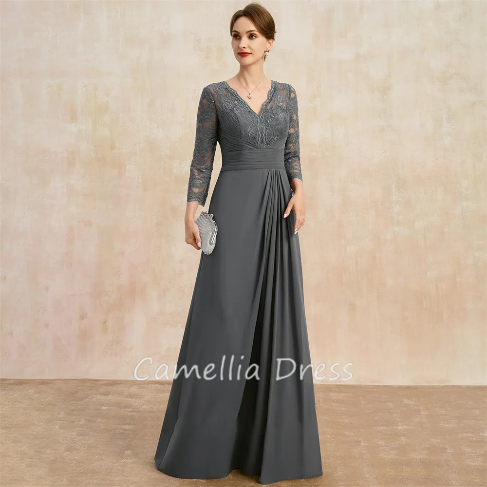 New V-Neck Mother Of The Bride Dress A-line Floor-Length Lace Chiffon Pleated Formal Dresses Vestidos Mae Da Noiva Casamentos