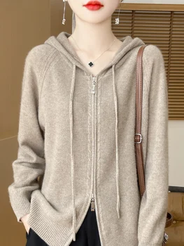 Autumn Winter 100% Merino Wool Sweater Cardigan Women's Hooded Zippers Raglan Sleeve Cashmere Knitwear Casual Chic Clothing Tops 1