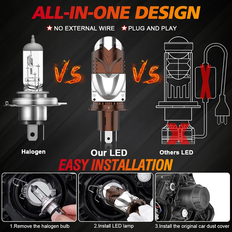 H4 LED 프로젝터 렌즈 헤드라이트 자동차 LED 헤드라이트 캔버스 6000K 6800000LM 6800W 하이/로우 빔 전구(터보 팬 포함) 자동차/오토바이용