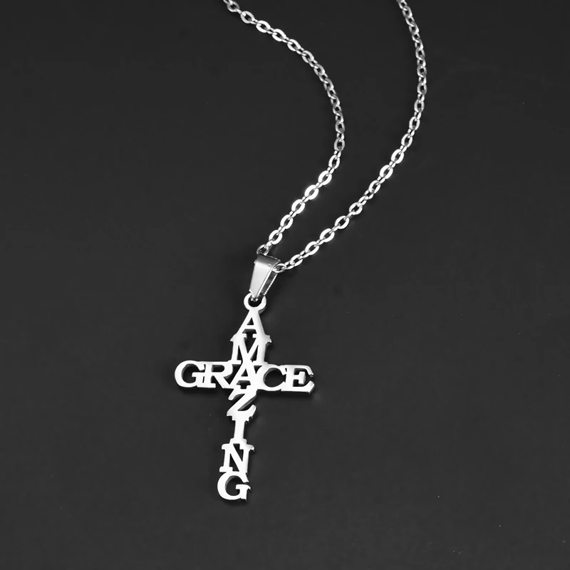 Dropshipping Stainless Steel Amazing Grace Cross Necklace Religion Jesus Fashion Pendants For Women Men Best Friend Gift Jewelry 5
