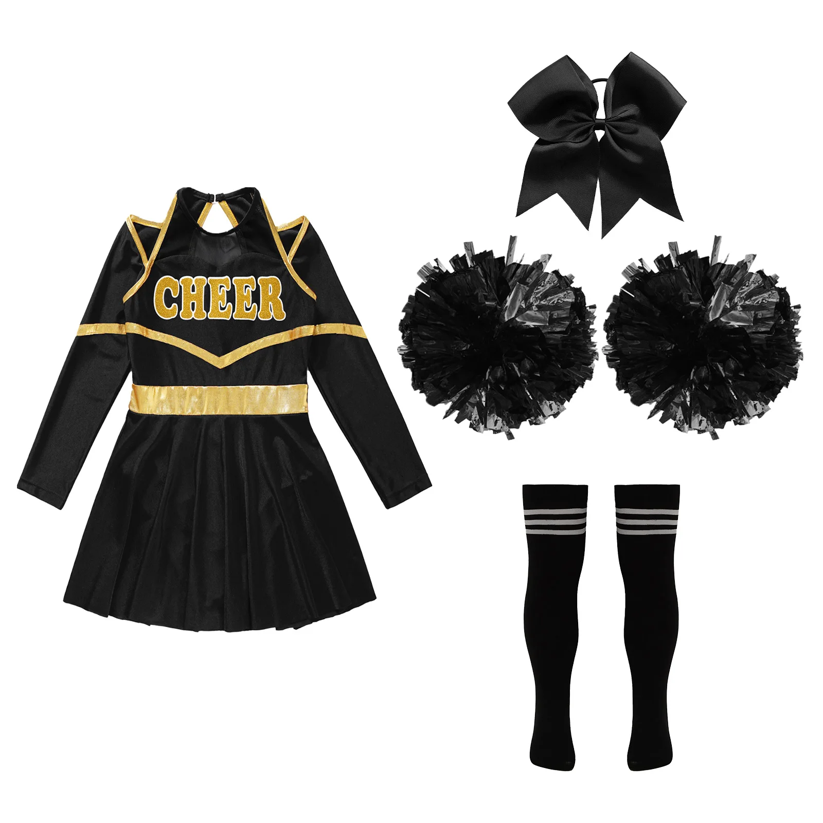 Kids Girls Cheerleading Costume Halloween Cheerleading Dress Pom Poms Bow Hair Clip Socks Birthday Party Gifts cheerleading costume