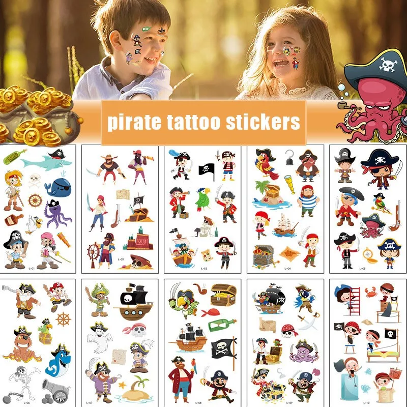 Fake Tattoo Stickers 10 Pack Cartoon Temporary Tattoos Kids Arm Pirate Captain Fun Party