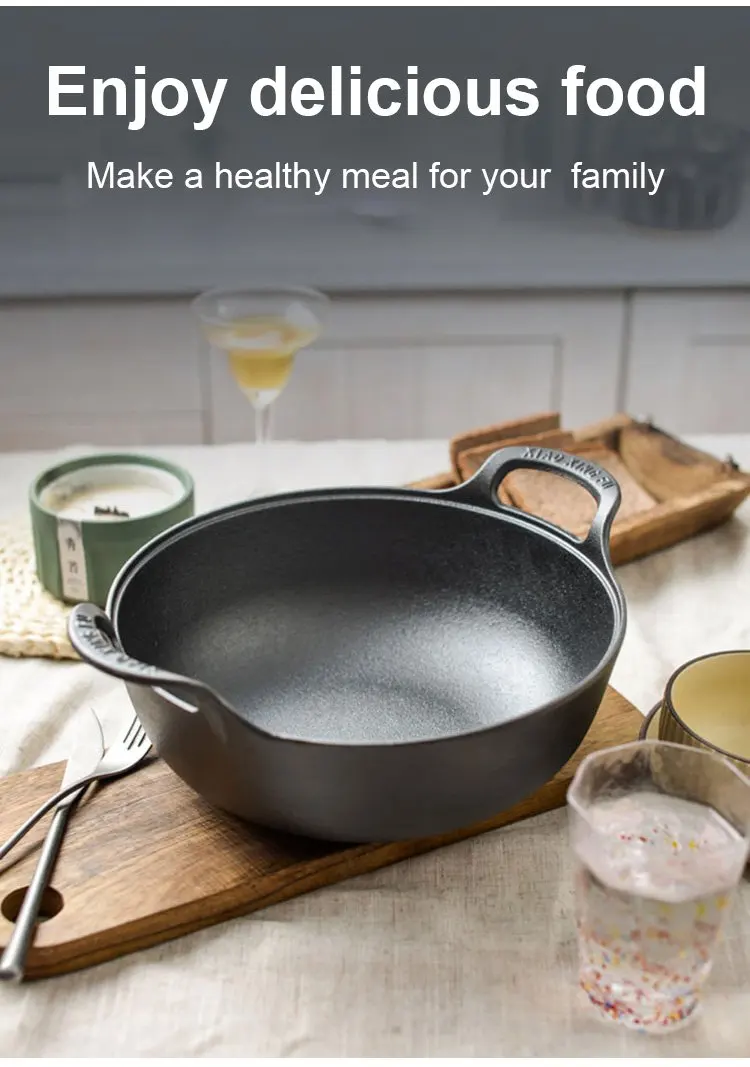 Cast Iron Non-Stick Wok - Uncoated Casserole Skillet Cookware
