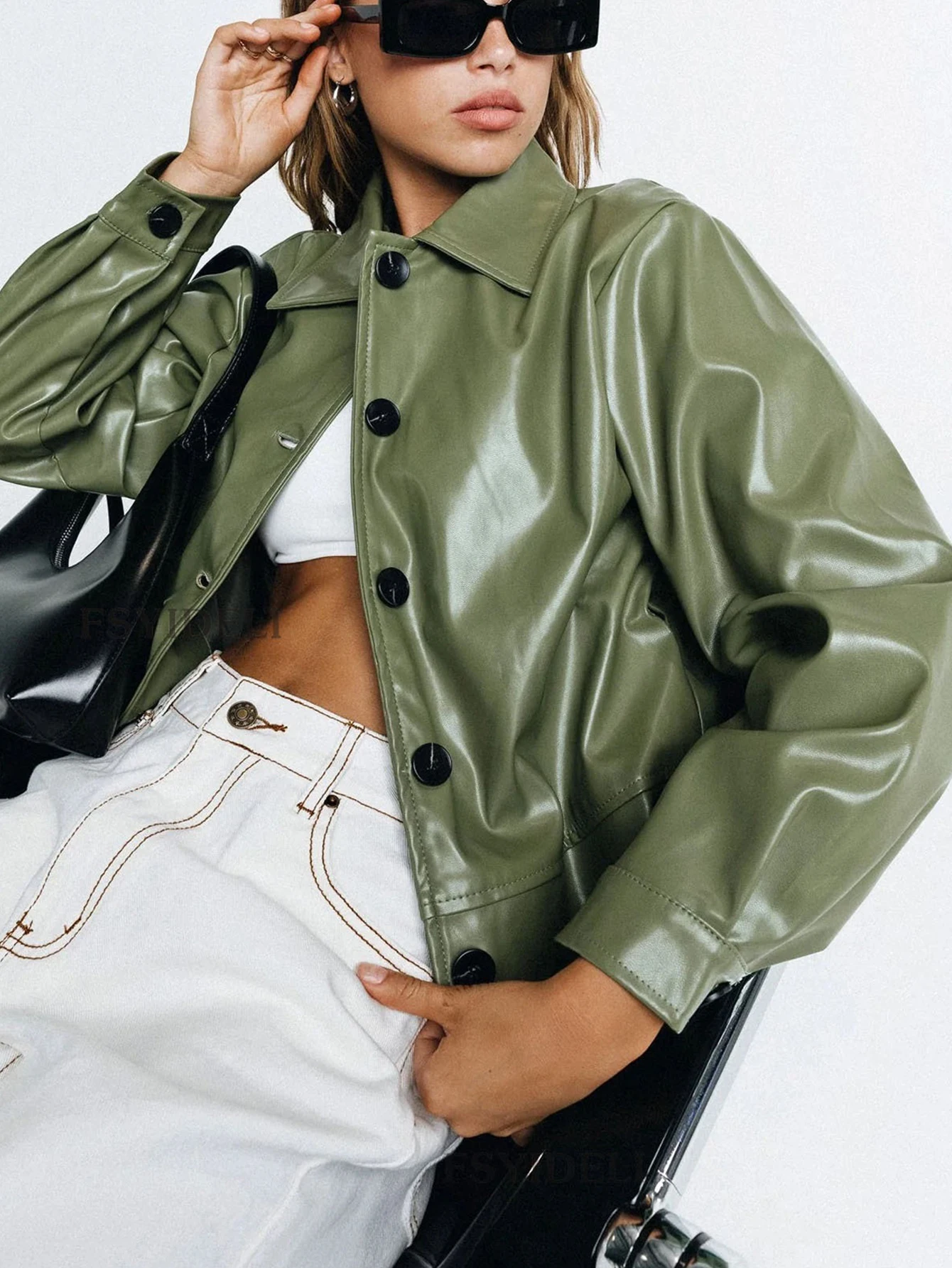 European And American Autumn Winter Lapel Faux Leather Jacket Loose Leather Parka Motorcycle Coat Female leather jackets