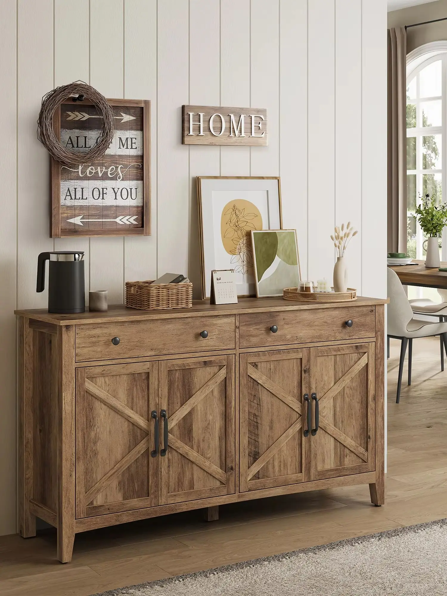 VASAGLE Coffee Bar Cabinet, Kitchen Storage Cabinet with 2 Drawers, Farmhouse Cabinet Sideboard with Adjustable Shelves
