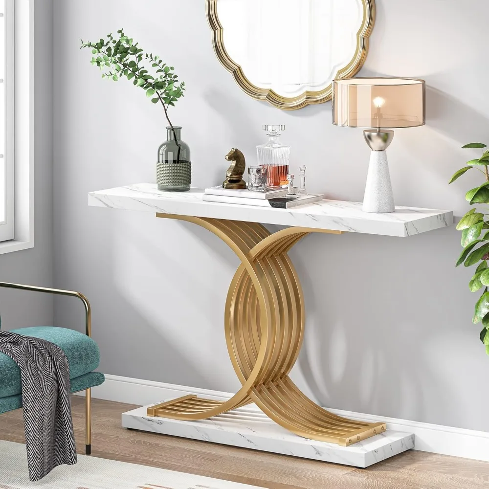 Gold Entryway Table, Modern 39-Inch Console/Accent Table with Geometric Metal Legs, Faux Marble Narrow Wood Sofa Table 4
