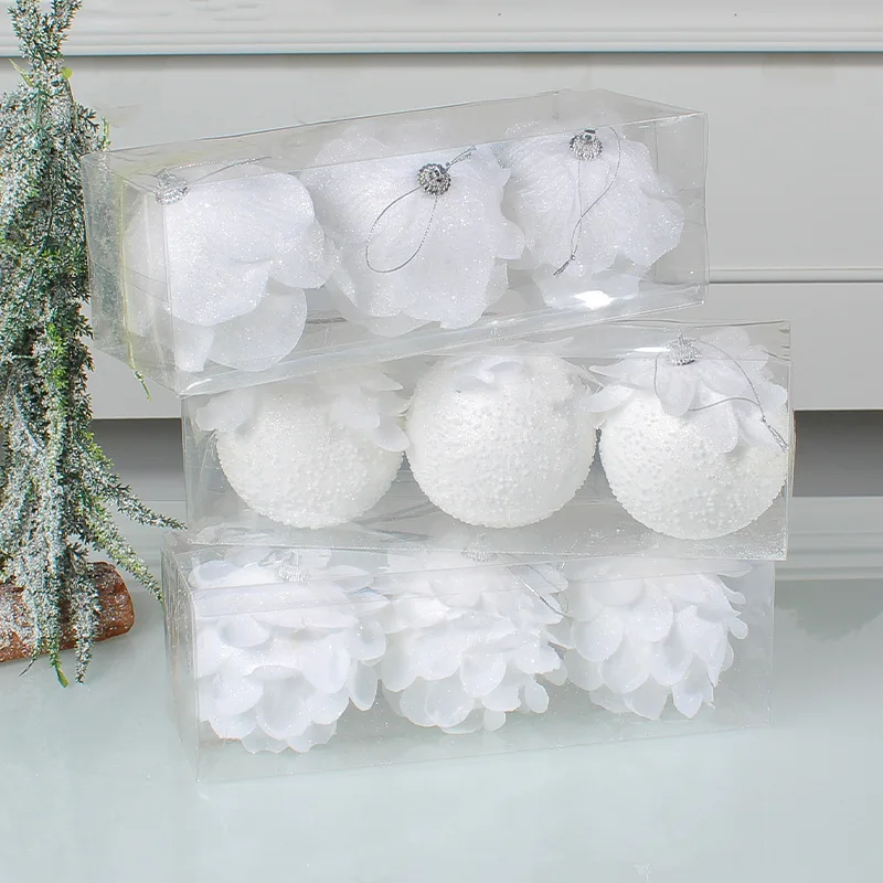 3PCS 8CM Christmas Tree Decoration Pendant Christmas Ball White Flower Petal Glitter Foam Ball Decoration Xmas Ornament christmas tree ornaments