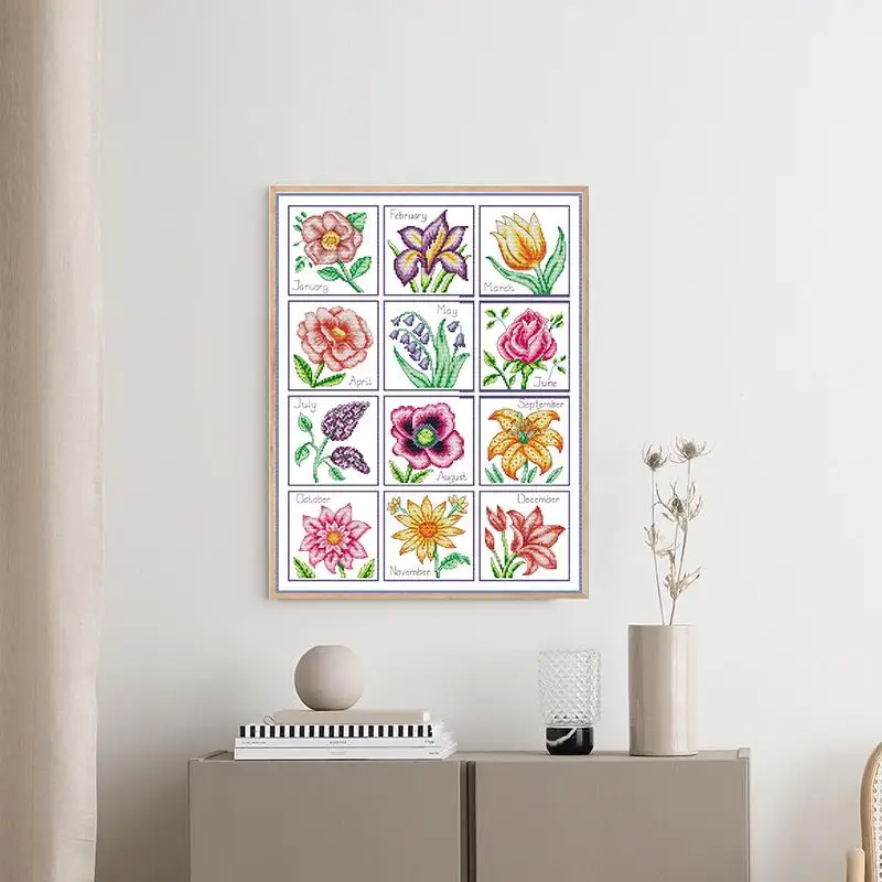 Twelve Months Flowers Cross Stitch 14CT 16CT 11CT White Canvas Print Fabric Embroidery Set DIY Floral Patterns Home Decor Crafts