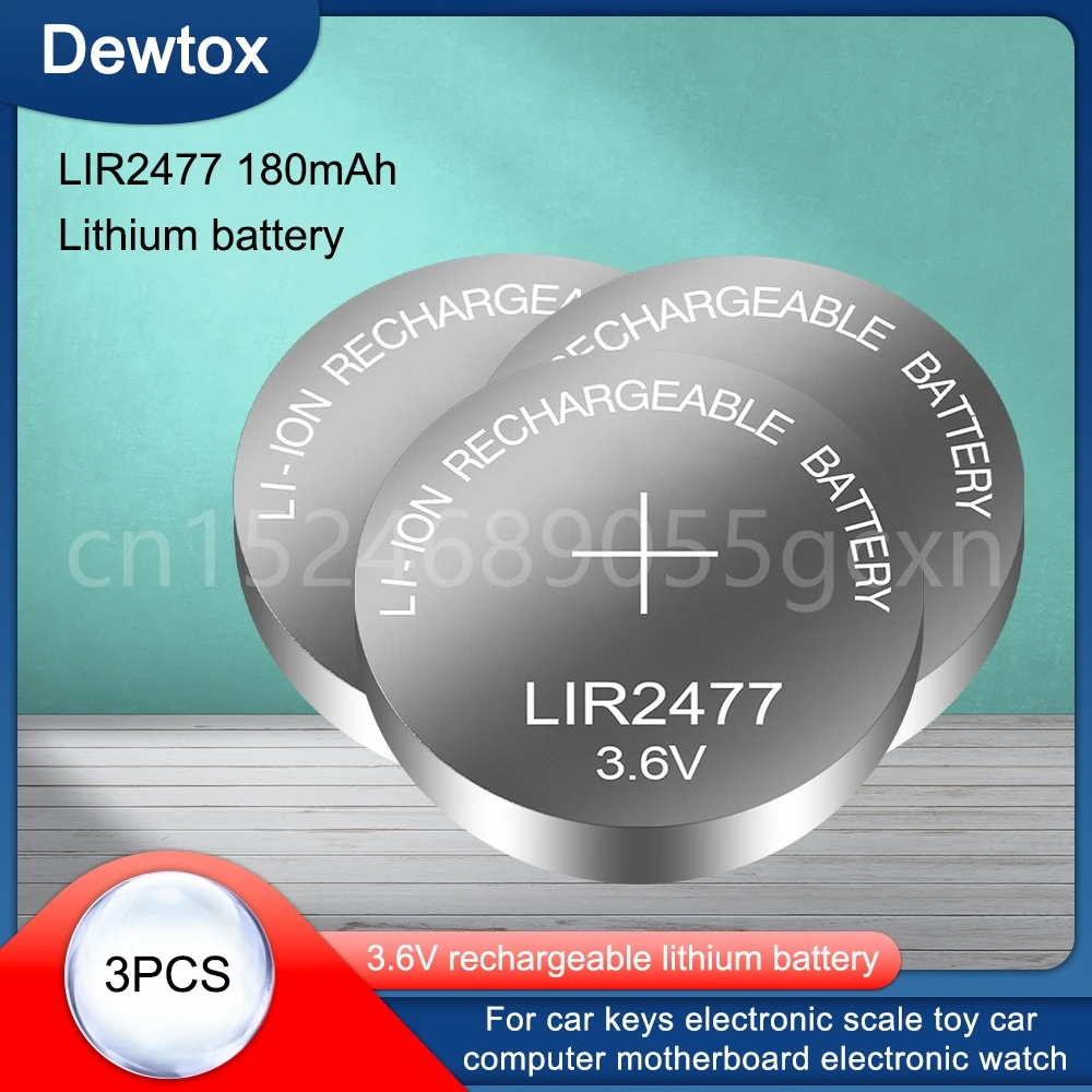   시계 계산기 태블릿용 충전식 코인 셀 배터리, 3.6V 리튬 배터리, LIR2477 CR2477, 200mAh, 3 개 단추 